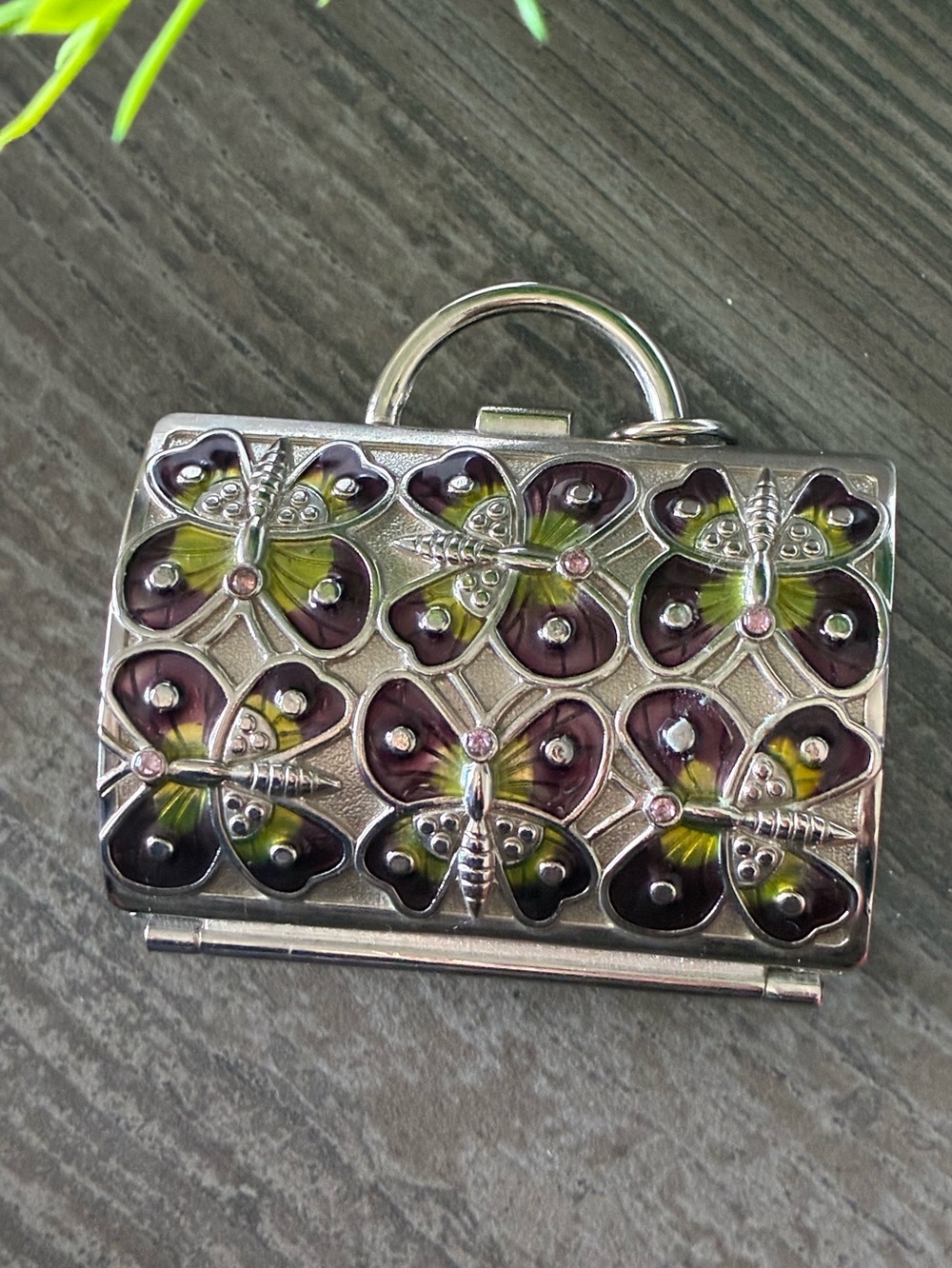 Judith Leiber For Neiman Marcus Purple + Green Butterflies Pillbox Trinket Bag